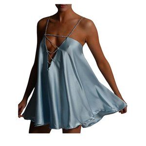 Women Sexy Deep V-Neck Rhinestones Spaghetti Strap Backless A-line Dress